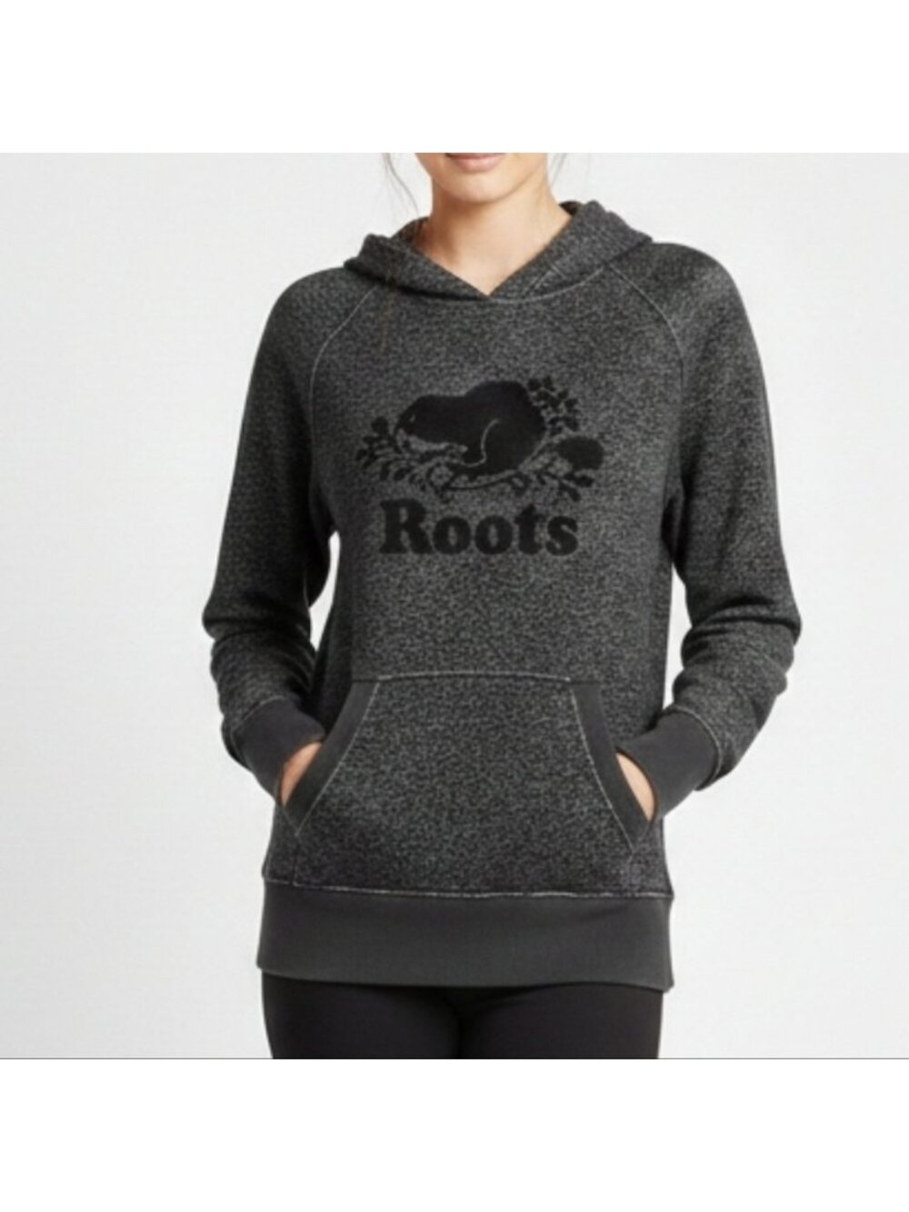 💠Roots Womens Salt & Pepper Kanga Hoodie Black Raglan Sweatshirt Size Large
